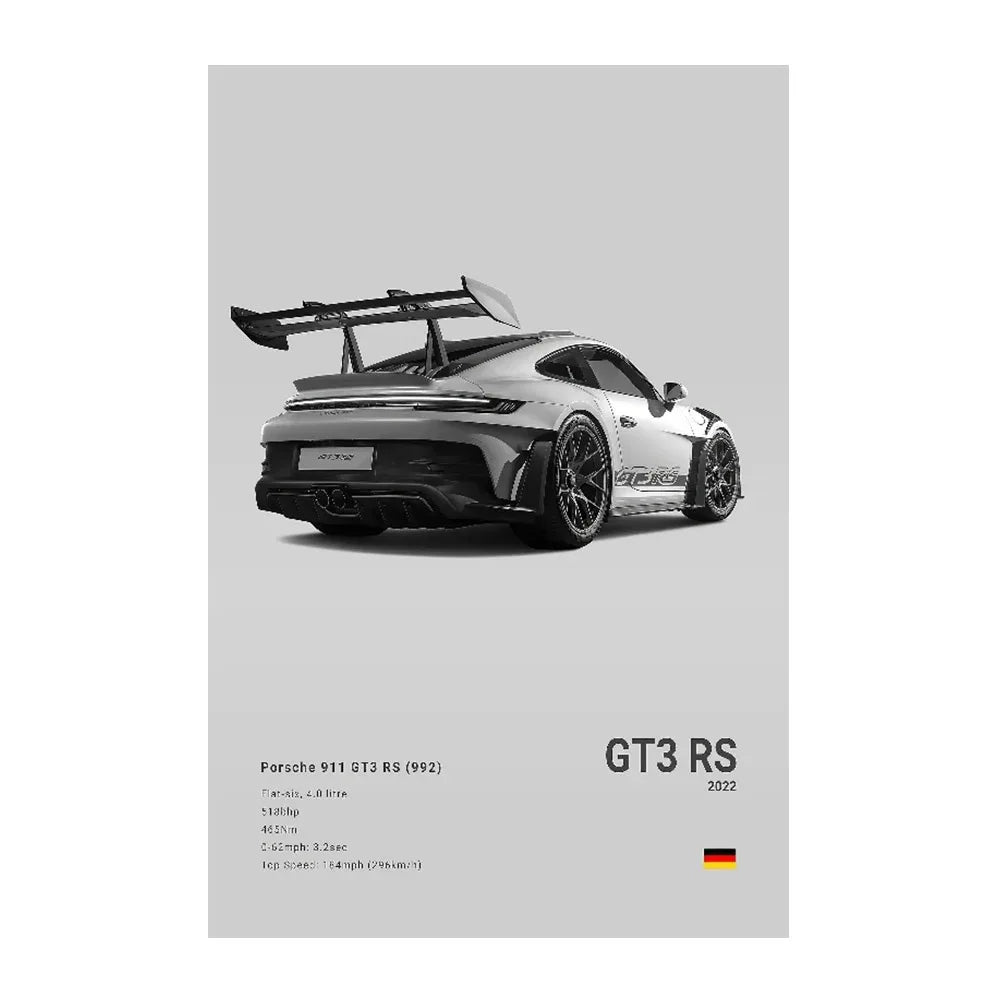 German Luxury Sports Car 911 GT3 RS Black and White Canvas Painting Pop Posters Prints Living Room Garage Decor Pictures